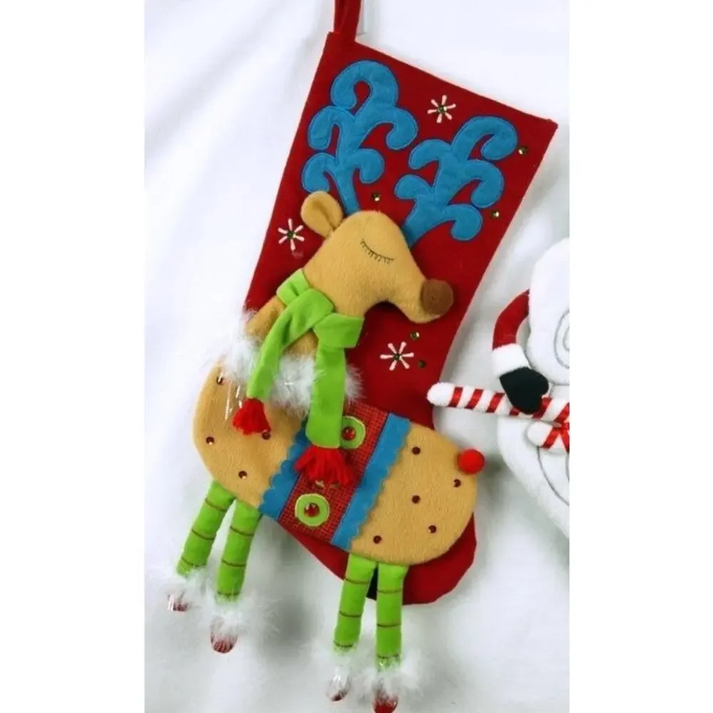 Pier 1 Imports Festive Reindeer Christmas stocking with dangling legs